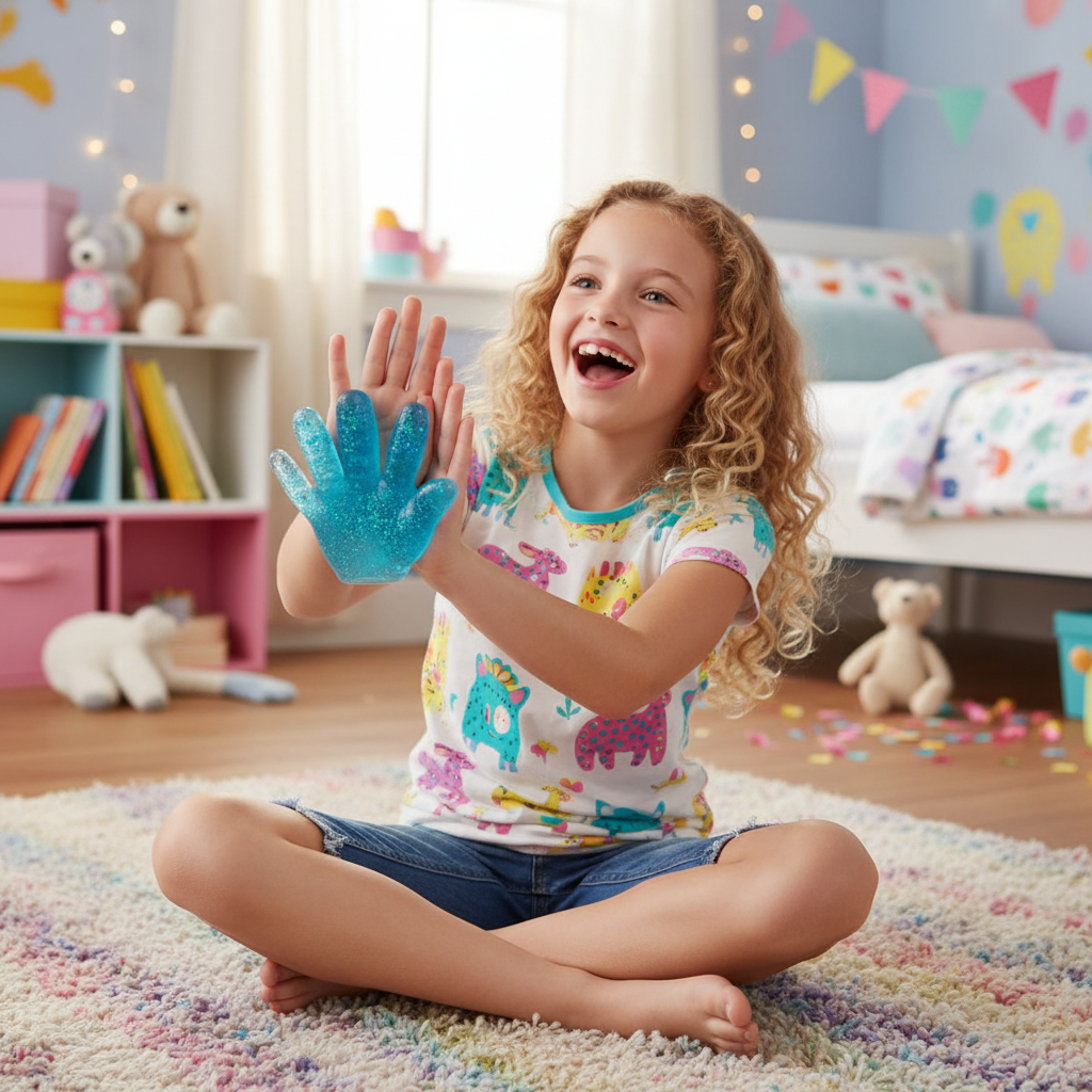 Giggling girl pressing her real hand palm-to-palm against a blue Stretch and Squeeze Hand Gel Toy in a colourful bedroom