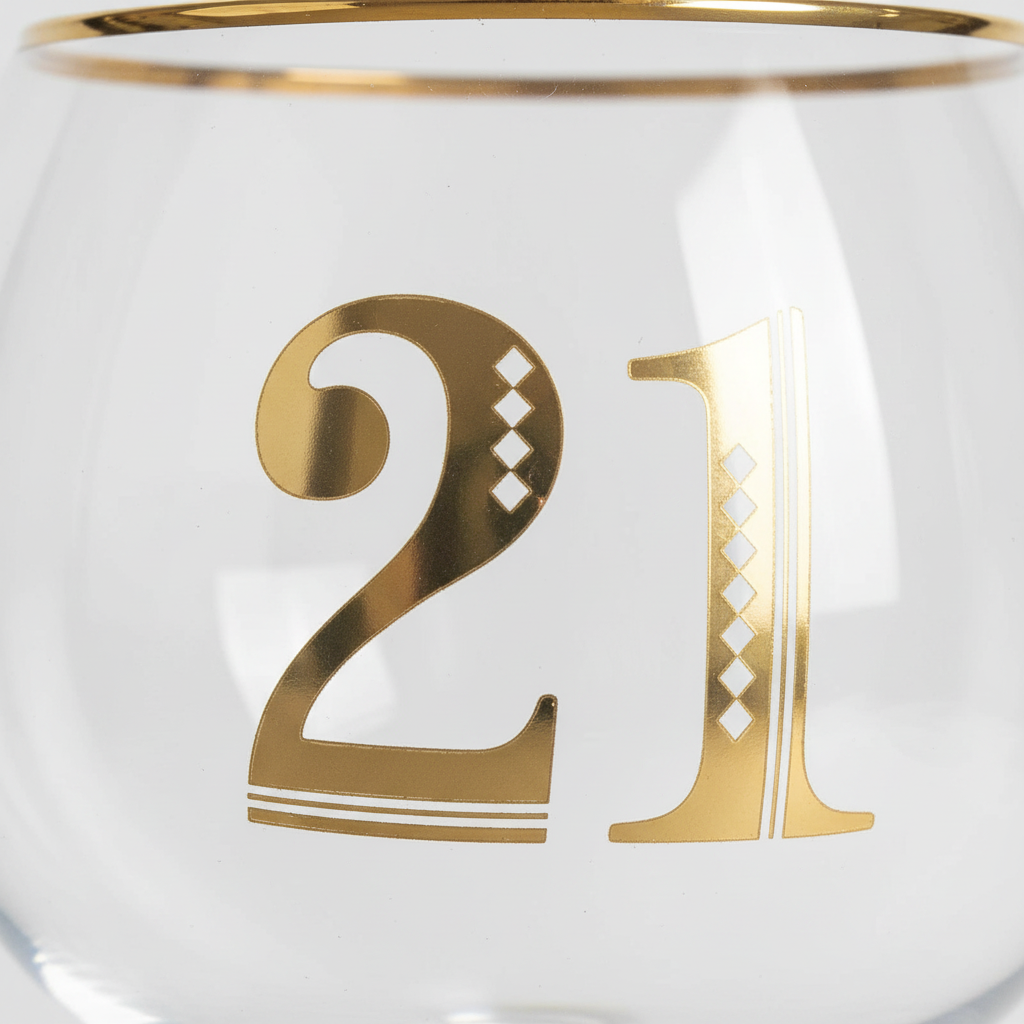 Extreme macro close-up of gold Art Deco 21 etching on clear glass, raking side light revealing craftsmanship detail