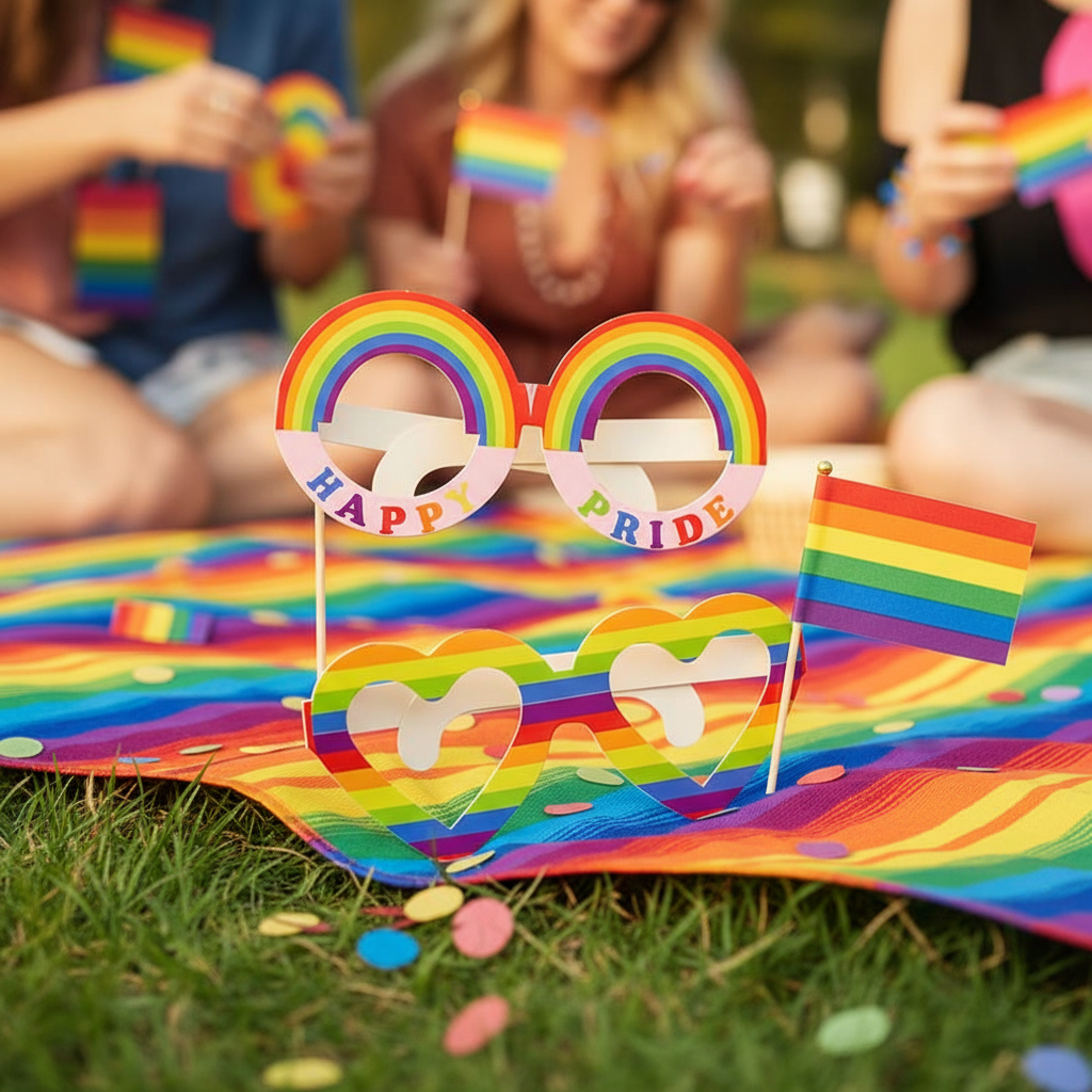 Two pairs of Gay Pride rainbow cardboard novelty glasses in natural festival setting with soft daylight