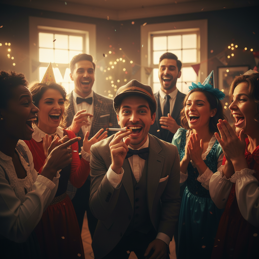 Adults at fancy dress party laughing as person uses fake cigarette prop, golden hour aspirational scene