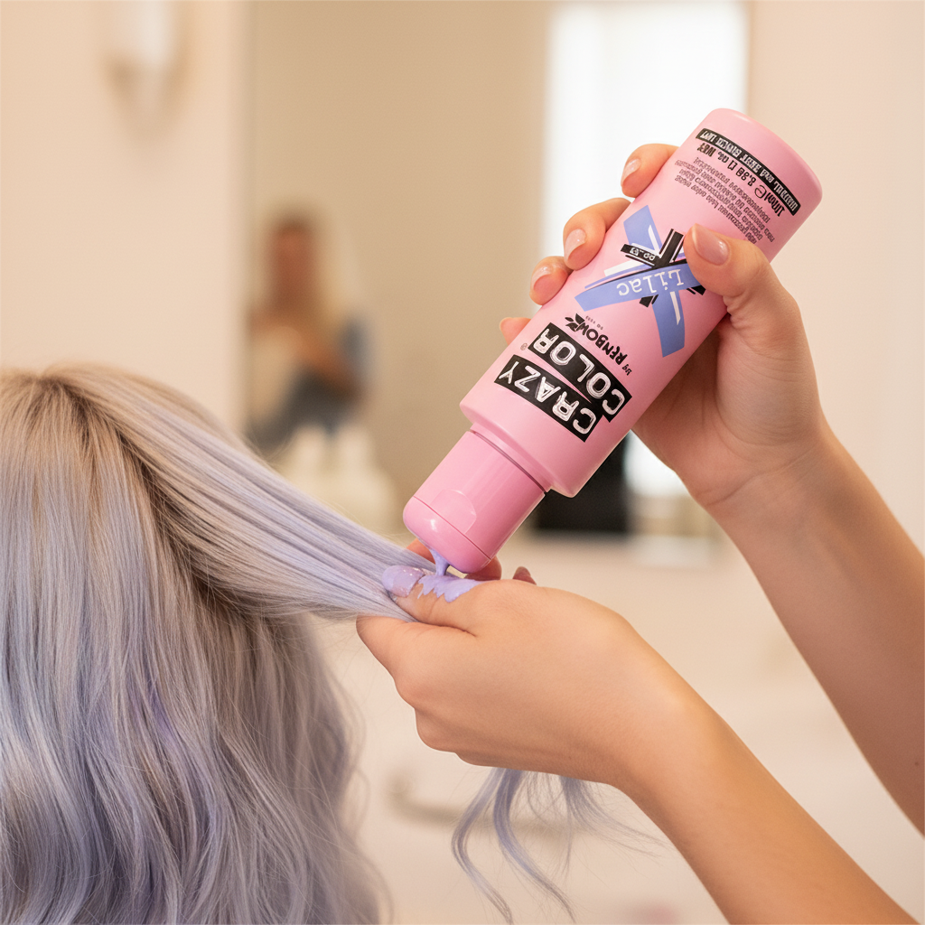 Hands applying Crazy Color Lilac No.55 semi-permanent hair dye — authentic candid beauty application moment