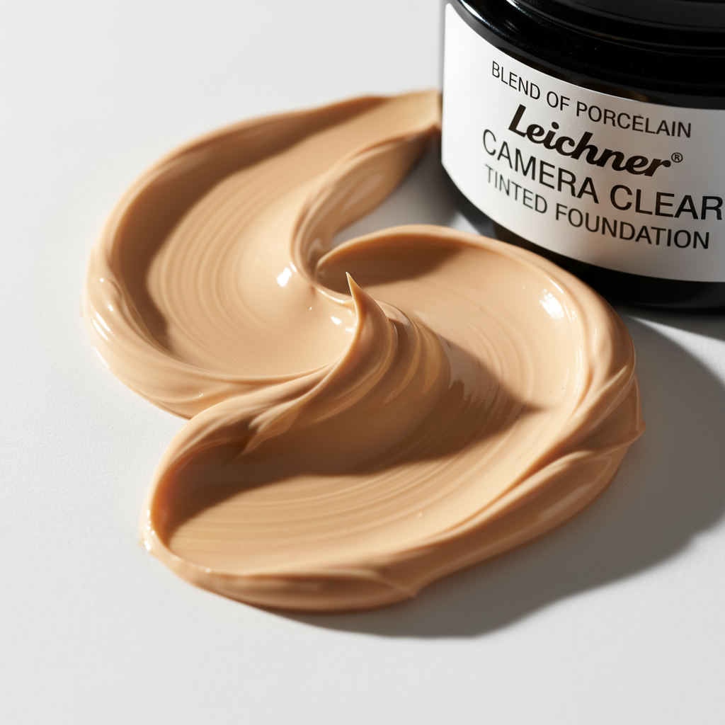Extreme macro close-up of Leichner Camera Clear Foundation porcelain beige texture, silky smooth finish