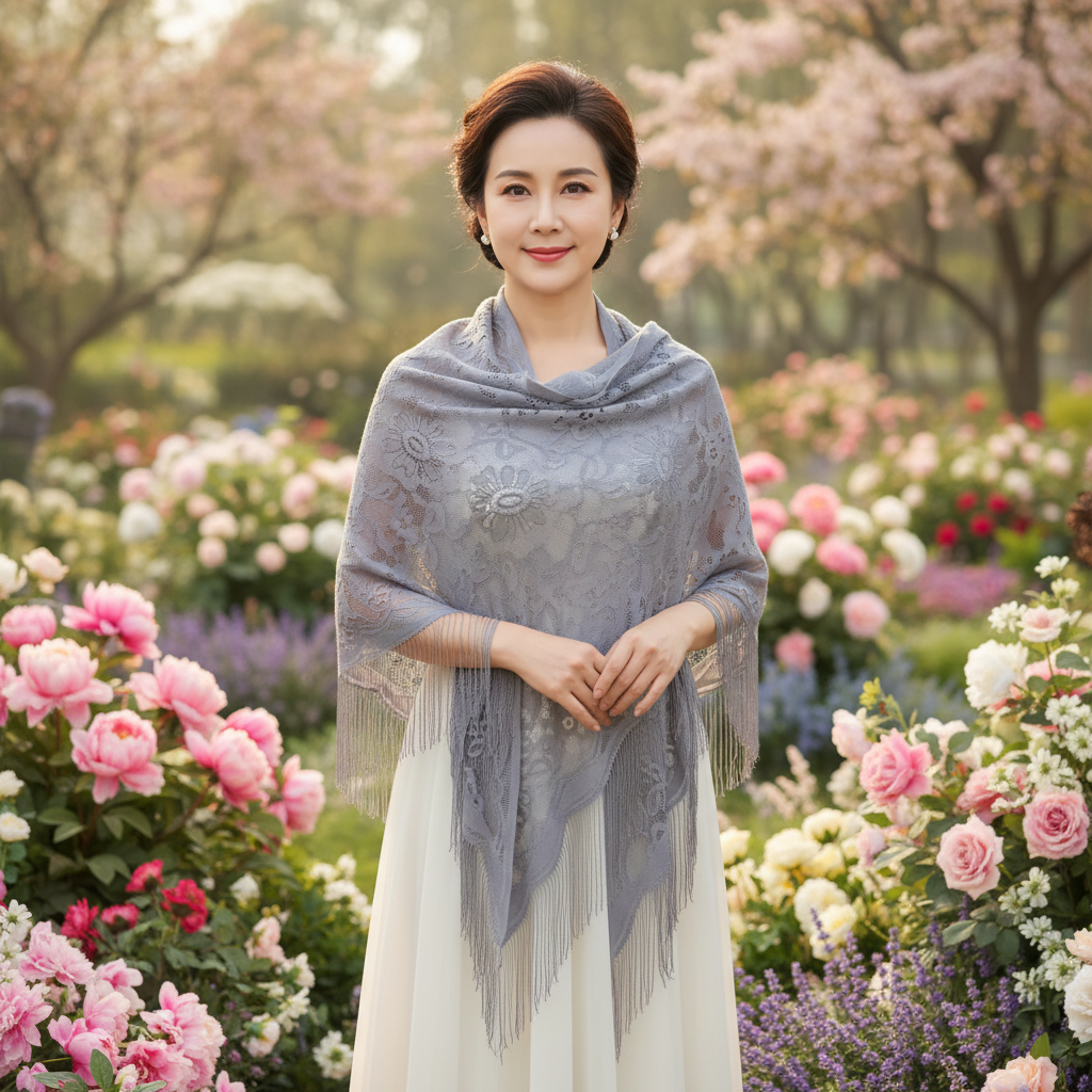 Graceful woman wearing grey floral cut-out shawl with fringe trim standing in beautiful spring garden