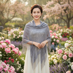 Graceful woman wearing grey floral cut-out shawl with fringe trim standing in beautiful spring garden