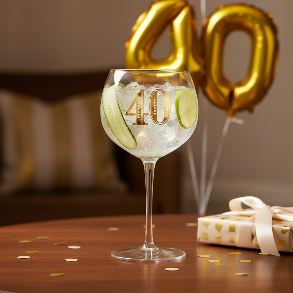Art Deco 40th Birthday Gin Glass styled on a birthday gift table with gold balloons and celebration decorations, outcome lifestyle shot