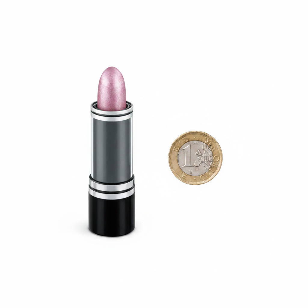 Laval Lipstick Tawny No 37 beside a £1 coin on white background showing product size