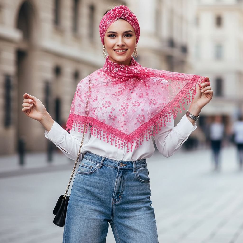 Confident young woman wearing a rose red triangle lace scarf tied as a chic head wrap in an urban street setting