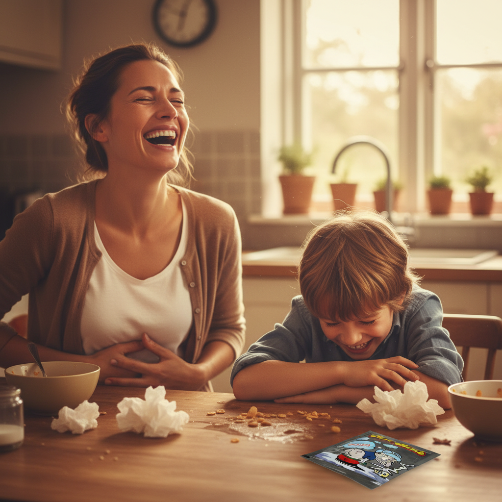 Child and parent laughing together after Silver Fart Bomb Bag prank at kitchen table, warm candid atmosphere