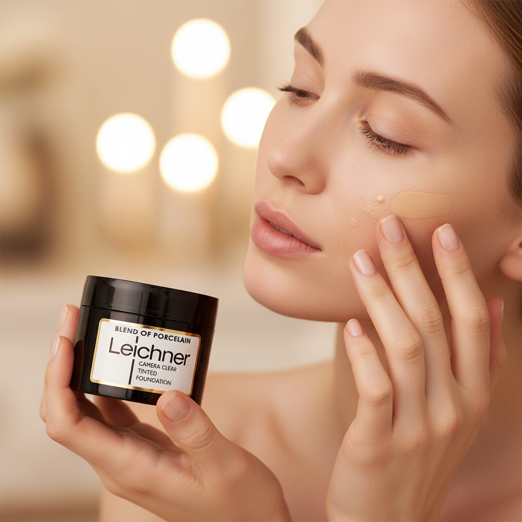 Woman applying Leichner Camera Clear Foundation Porcelain to her face, candid beauty moment