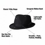 Adults black trilby hat feature infographic with callout labels highlighting classic shape, ribbon band, lightweight felt, one size fits most, and versatile occasions
