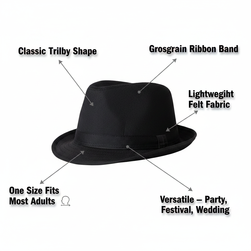 Adults black trilby hat feature infographic with callout labels highlighting classic shape, ribbon band, lightweight felt, one size fits most, and versatile occasions