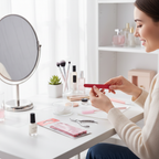 Woman doing manicure with red emery boards at vanity table