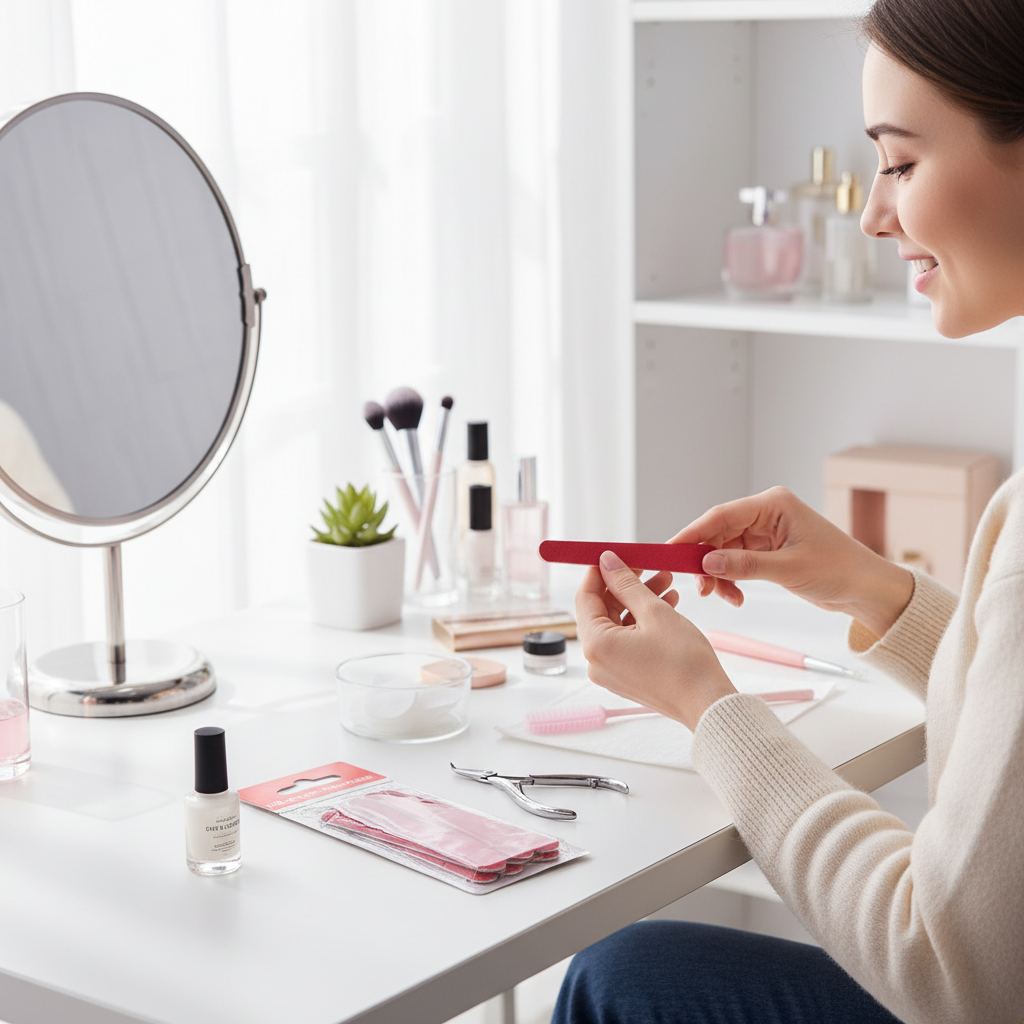 Woman doing manicure with red emery boards at vanity table