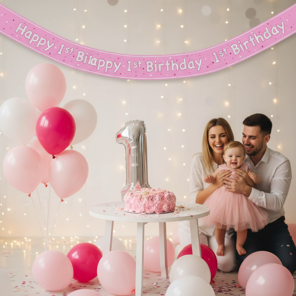 Complete first birthday party setup featuring Pink Glitz foil banner as backdrop