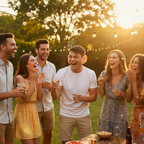 Person wearing funny oversized big ears at a golden hour outdoor party — hilarious fun moment