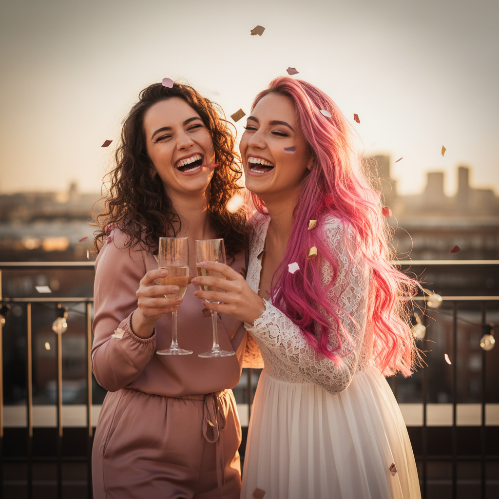 Women celebrating at a hen party with vivid pink temporary hair colour, golden hour lighting