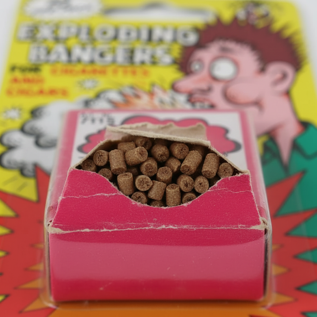Extreme macro close-up of hot pink Weco Knalleinlagen box with cigarette banger loads inside