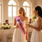 Bridesmaid wearing pink satin bridesmaid sash toasting champagne with bride at golden hour wedding venue