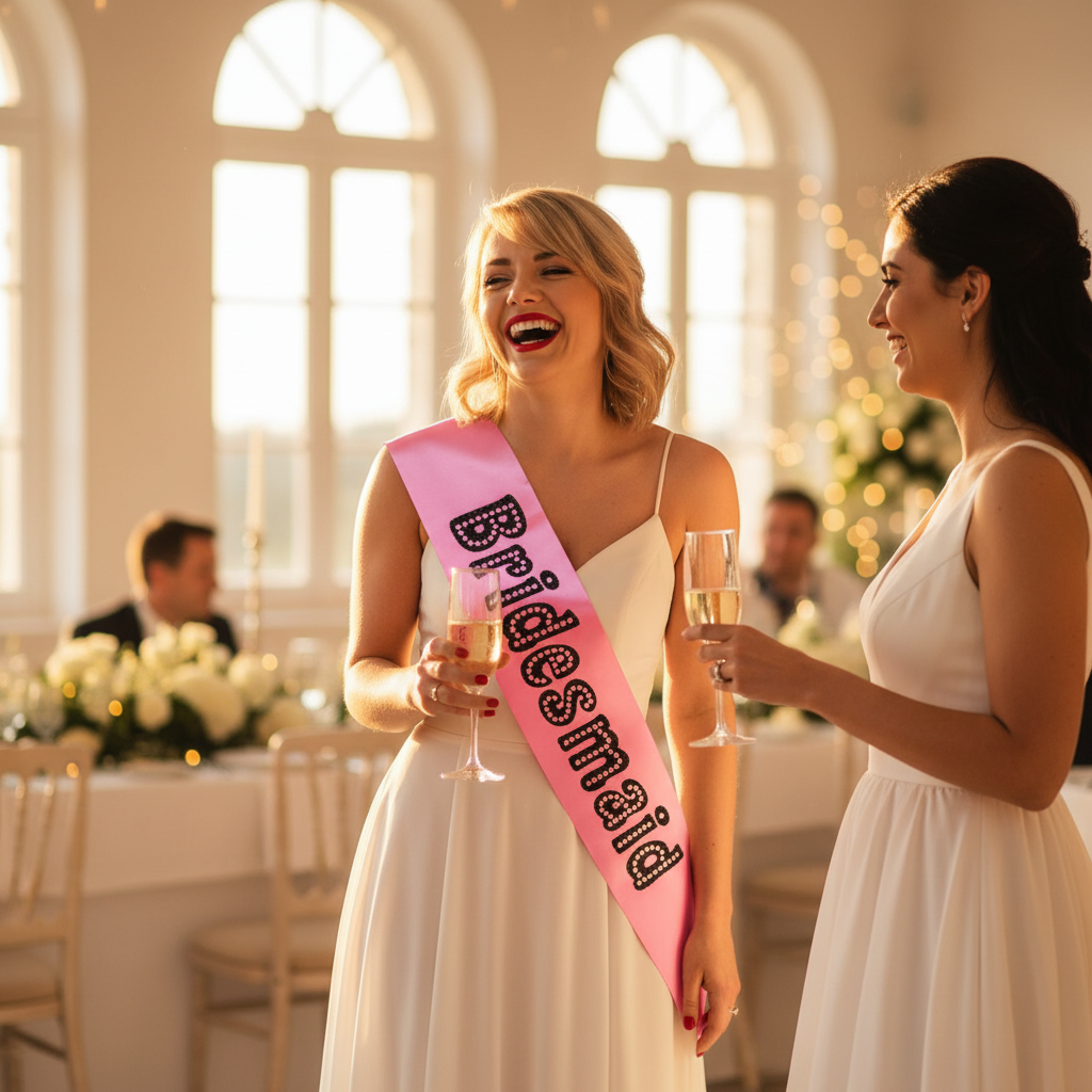 Bridesmaid wearing pink satin bridesmaid sash toasting champagne with bride at golden hour wedding venue