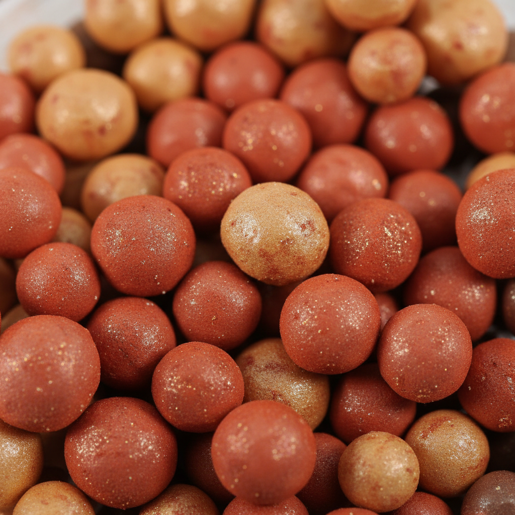 Extreme macro close-up of Body Collection Bronzing Pearls showing terracotta, golden-sand and espresso shimmer spheres with pearlescent finish