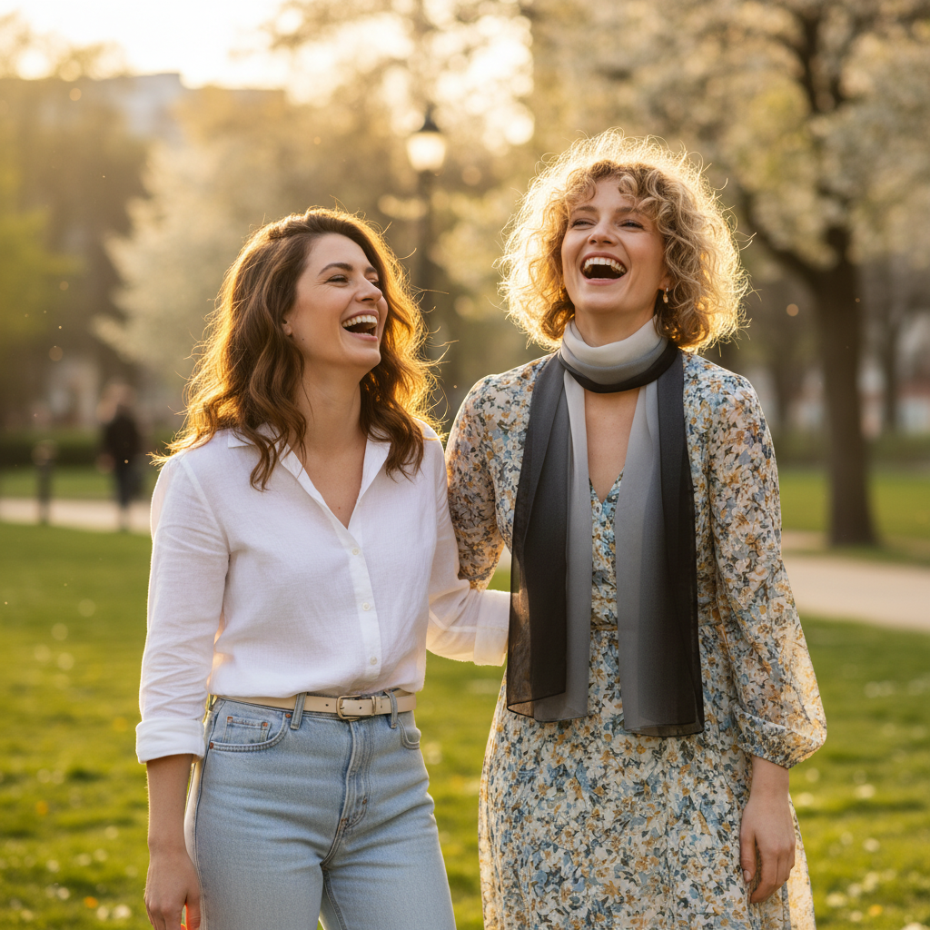 Two stylish women friends laughing outdoors, one wearing black and white gradient chiffon scarf