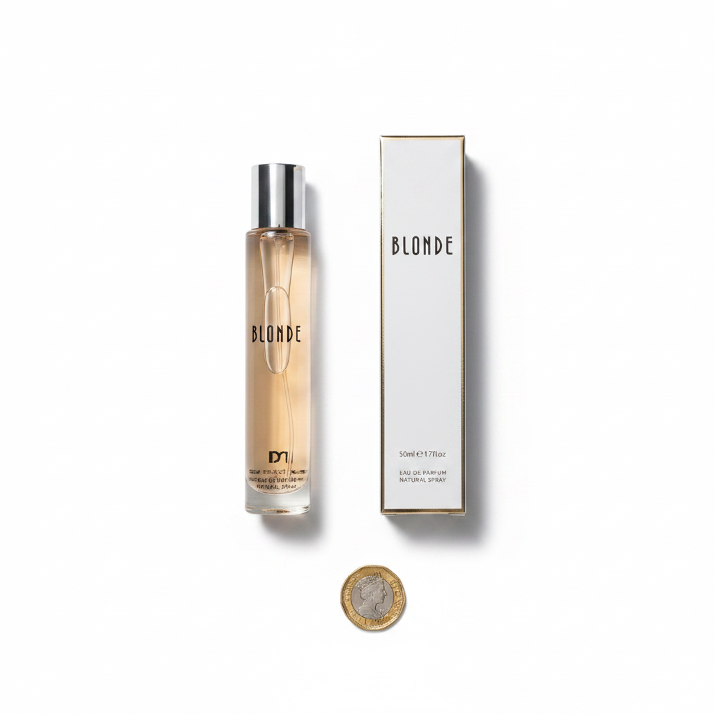 D&M Fragrances Blonde perfume bottle and box flat lay with £1 coin for scale on white background