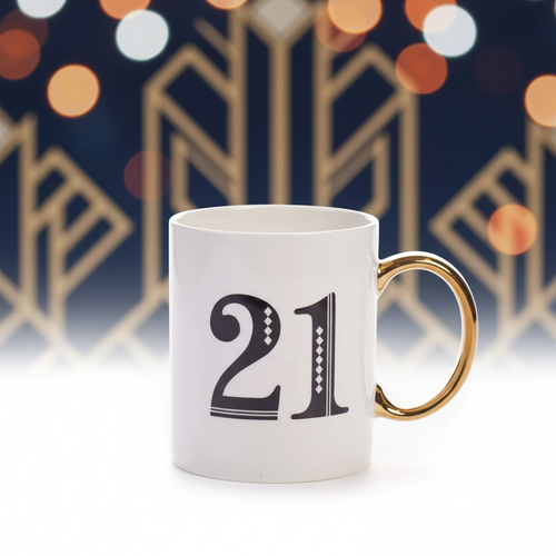 Art Deco 21st birthday gift mug in white blue and gold with elegant celebratory background