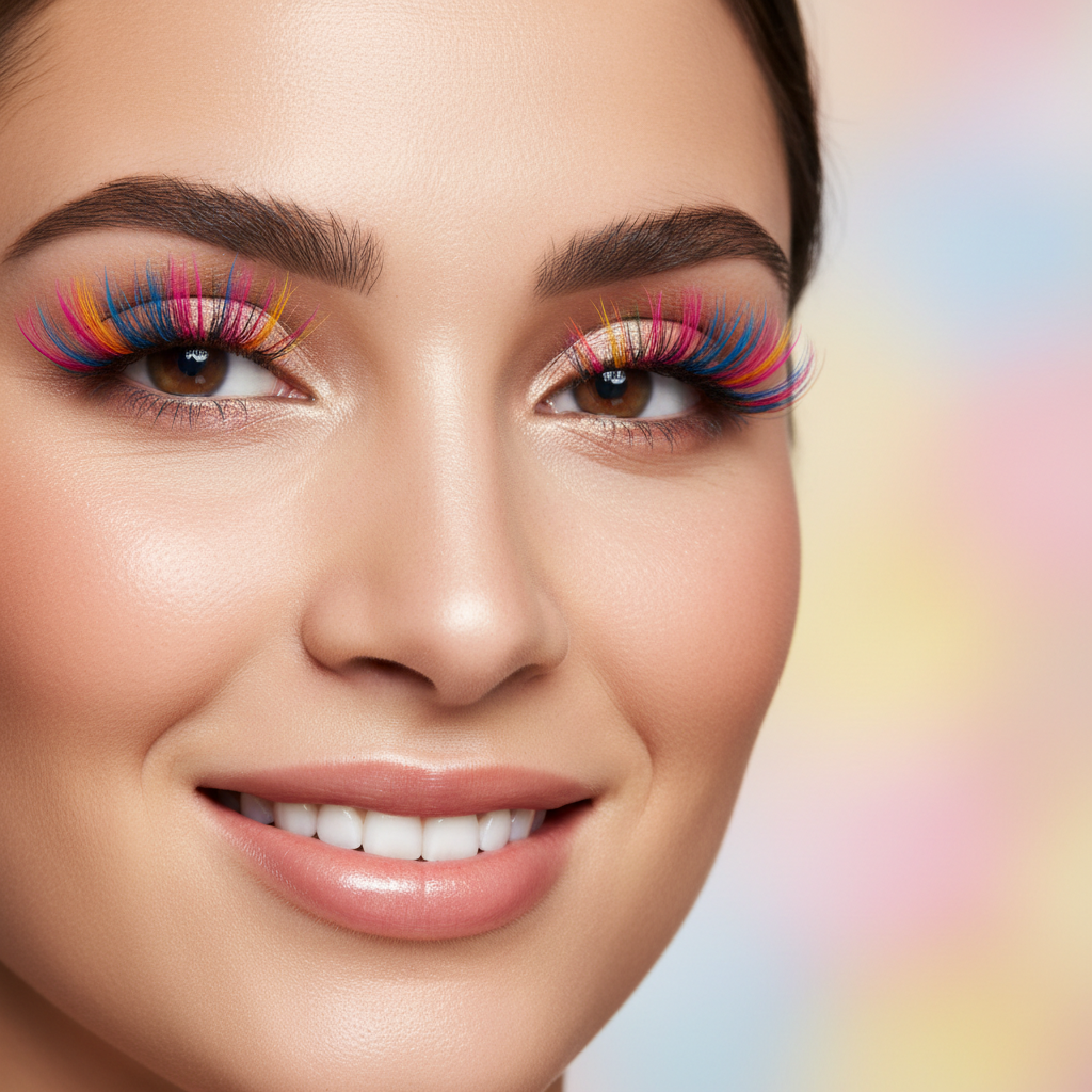 Close-up of beautiful colorful lashes created with W7 mascara