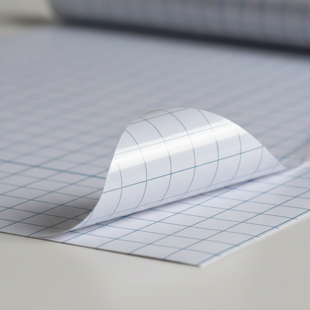 Extreme macro close-up of Tiger clear self-adhesive book cover film showing transparent material, navy grid lines and adhesive layer