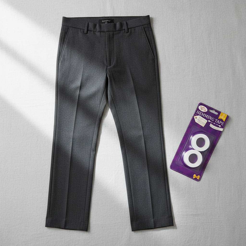 Perfectly hemmed dark trousers with crisp neat hem achieved using Hemming Web Tape Twin Pack