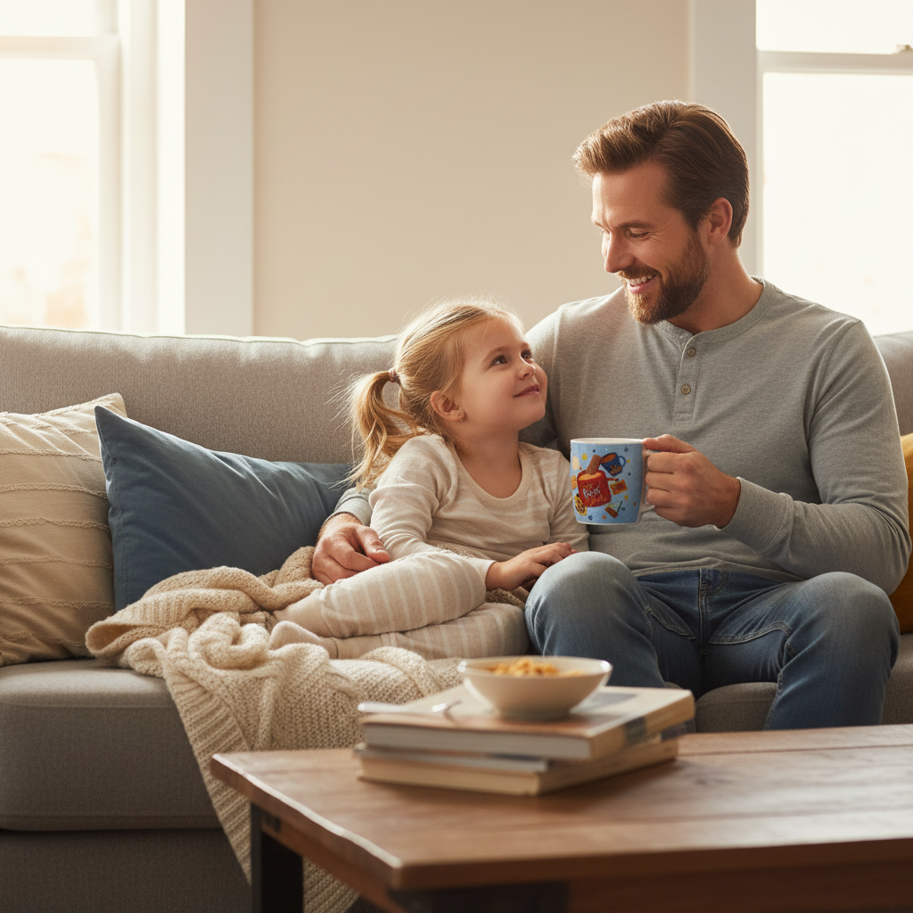 Dad and young child cuddled on sofa with Best Dad mug – cosy Father's Day morning scene