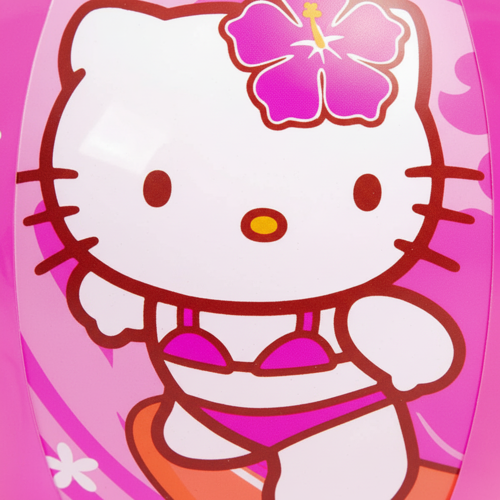 Extreme close-up macro detail of Hello Kitty pink beach ball surface showing glossy PVC texture and print quality