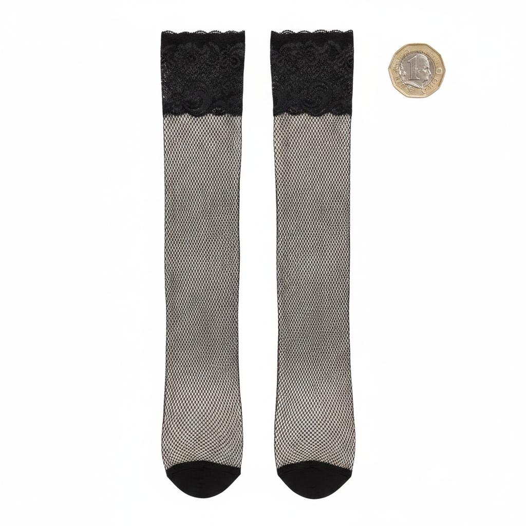 Black fishnet thigh high stockings flat lay with British pound coin for scale on white background