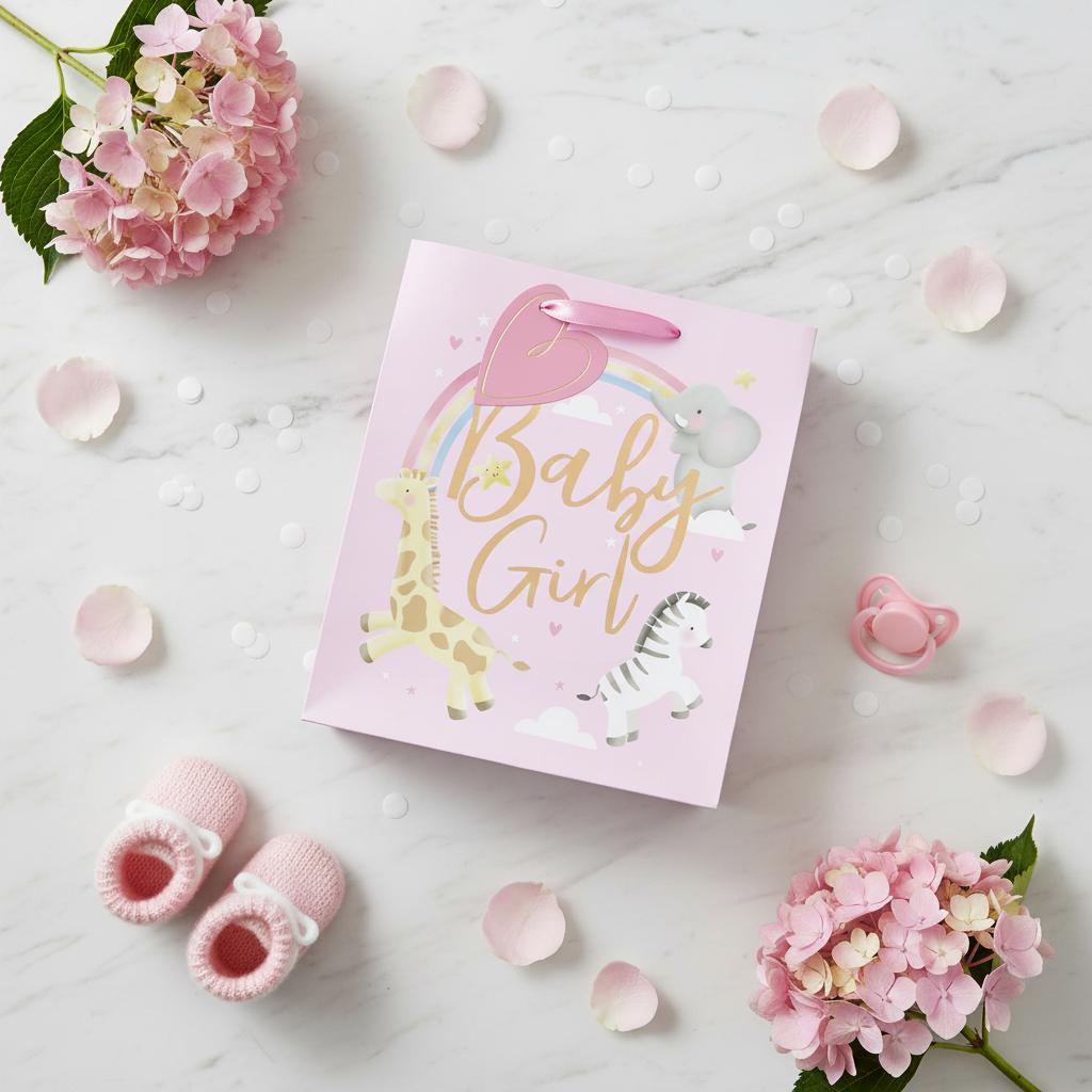 Flat lay of pink baby girl gift bag with baby shower props