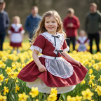Girl aged 3-4 years in traditional Welsh costume celebrating St David's Day outdoors with daffodils and family