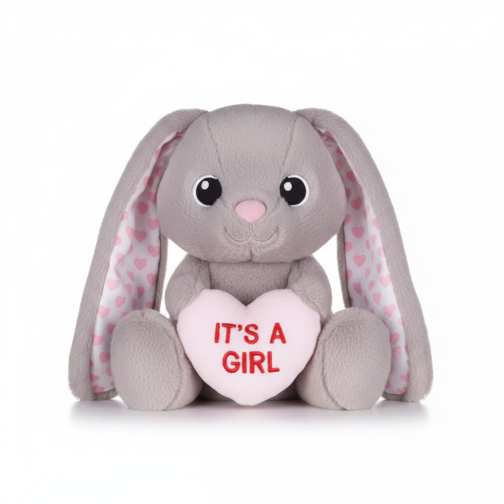 Swizzels Love Heart Bunny It's A Girl 18cm grey plush toy on white studio background