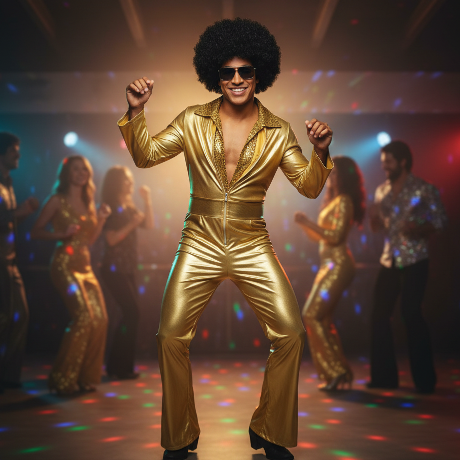 Man wearing mens gold disco costume dancing at a 70s disco party with colourful lights