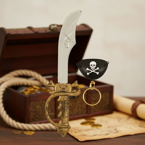 Kids pirate costume accessory set with plastic sword, black eyepatch and gold earring displayed on wooden treasure chest background