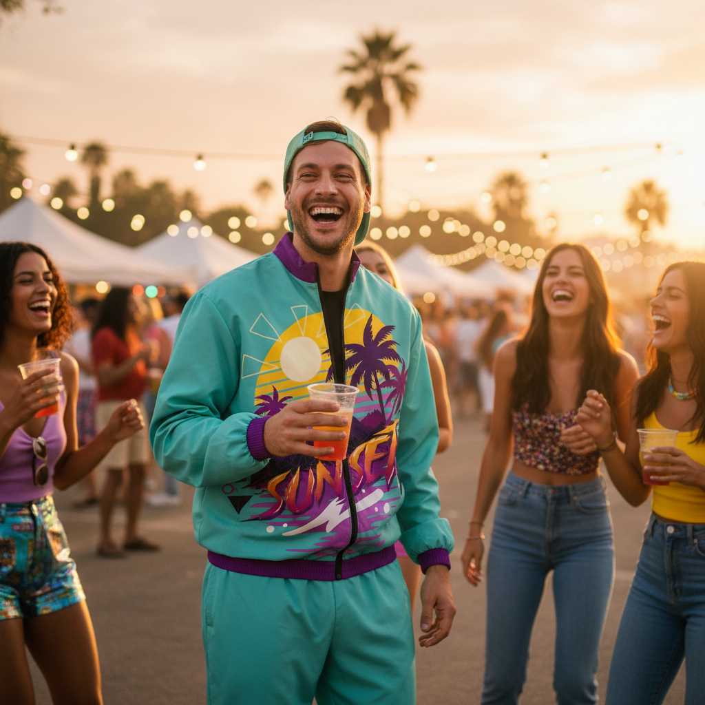 Man wearing Mens 90s Sunset Tracksuit Large at outdoor festival with friends at golden hour