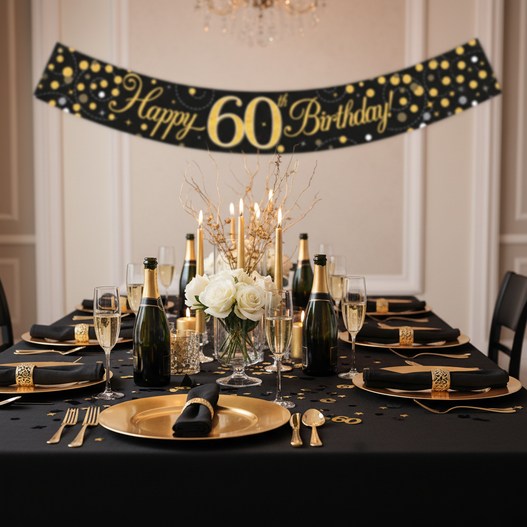 Elegant 60th birthday party table setup with Sparkling Fizz banner and black gold decorations