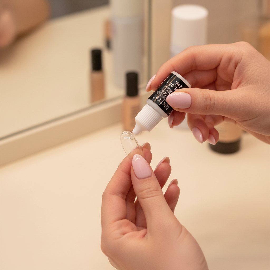 Woman applying Technic Essentials nail glue to a false nail — candid lifestyle shot with warm bokeh background