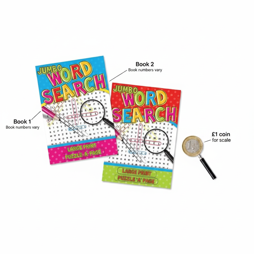 Jumbo Word Search Large Print Book flat lay beside a £1 coin showing book size — two books with cyan and red covers