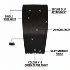 Feature infographic for 20 inch one piece straight clip-in hair extension #1B Queen of the Night highlighting key product benefits