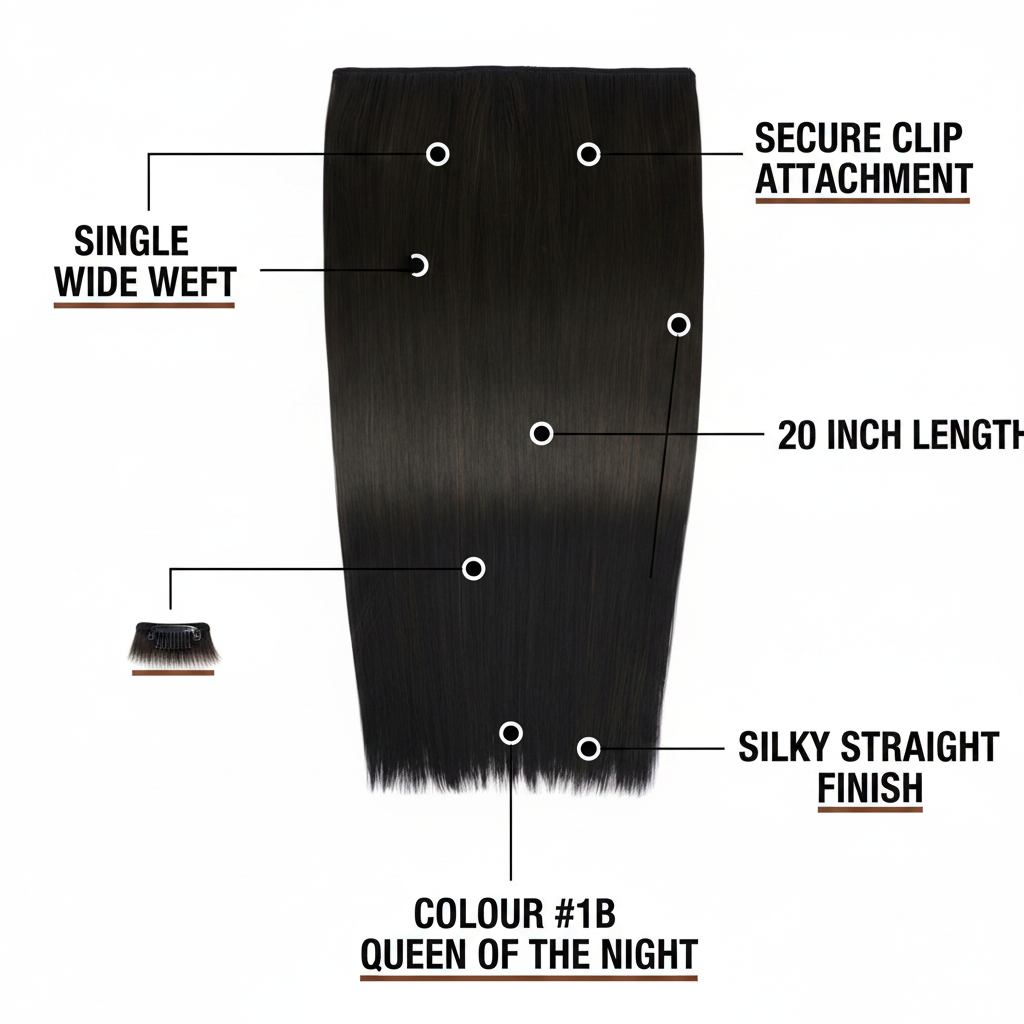Feature infographic for 20 inch one piece straight clip-in hair extension #1B Queen of the Night highlighting key product benefits