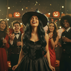 Confident woman with dramatic jet black hair laughing at a Halloween party, golden hour cinematic lighting