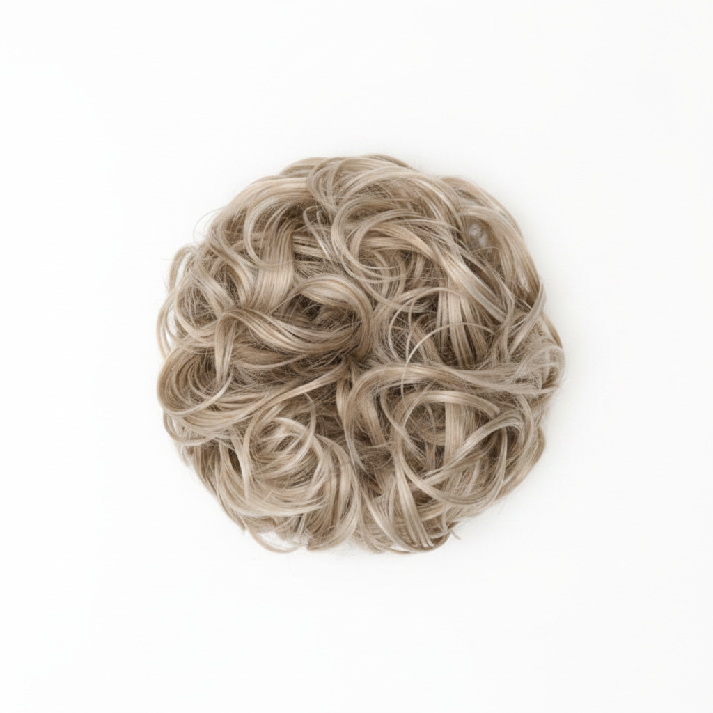 Heat resistant curly messy hair bun in cool ash blonde shade 112 Ash Moon on pure white background, Amazon and eBay compliant hero shot