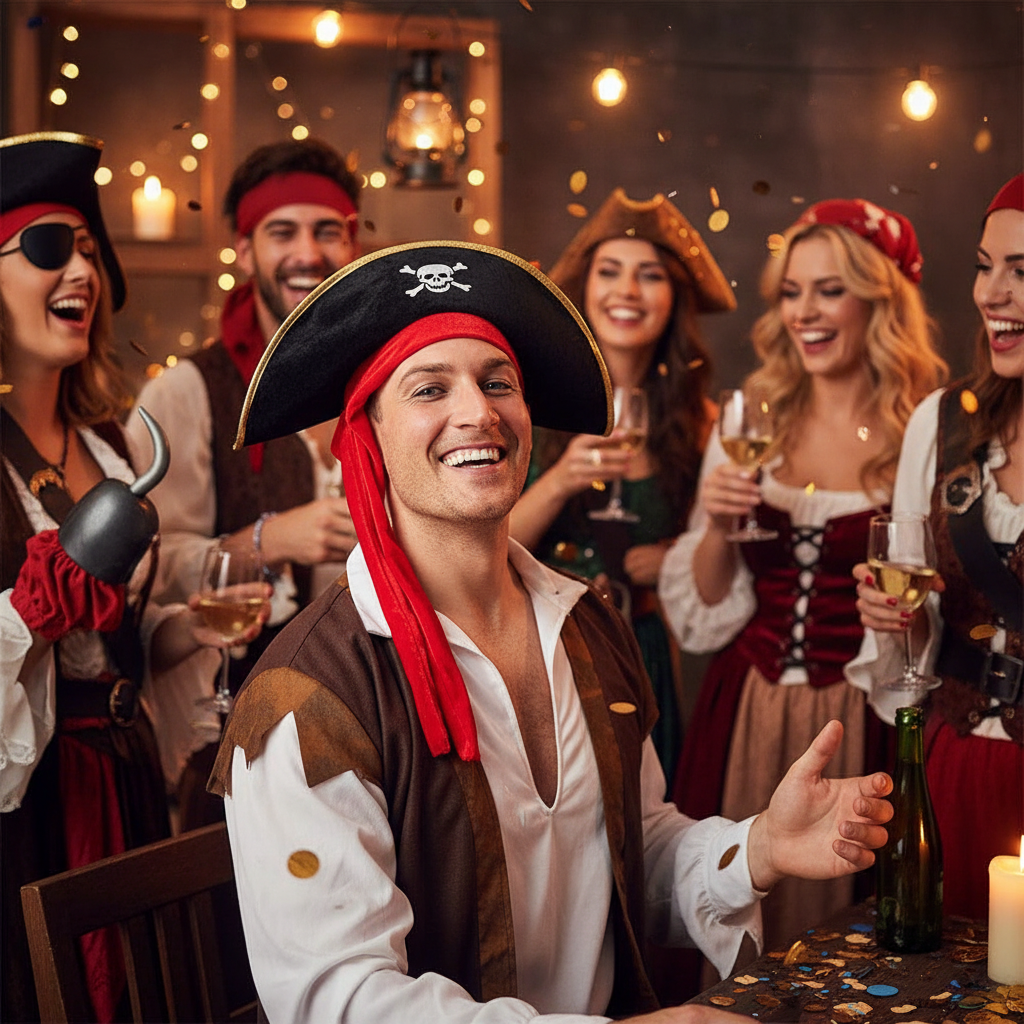 Adult wearing black pirate hat with red bandana at costume party - fun fancy dress accessory in action