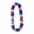 Metallic red, white and blue Hawaiian lei on pure white background — studio hero shot, Amazon/eBay compliant