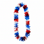Metallic red, white and blue Hawaiian lei on pure white background — studio hero shot, Amazon/eBay compliant