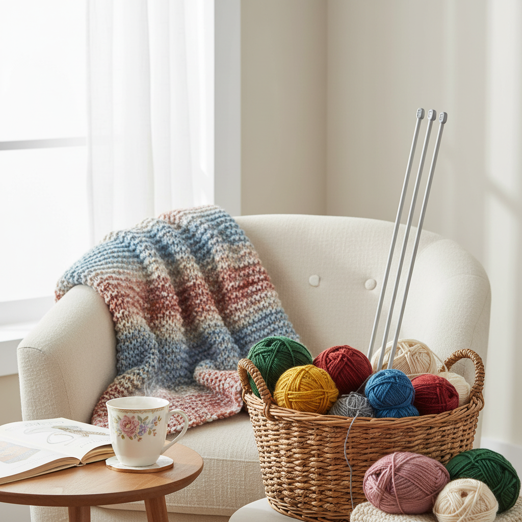Beautifully styled knitting corner with Ashley Housewares needles in basket alongside colorful yarn and tea